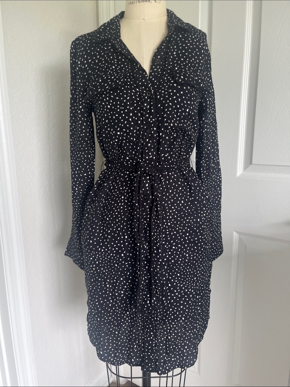 Volcom Black Shirt Dress with White Dot Print Tie Waist and Pockets Office Comfy